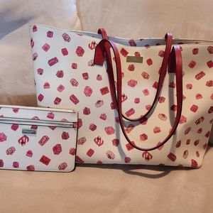 Kate Spade Pink and Red Gift Box Tote and Matching Wristlet Purse